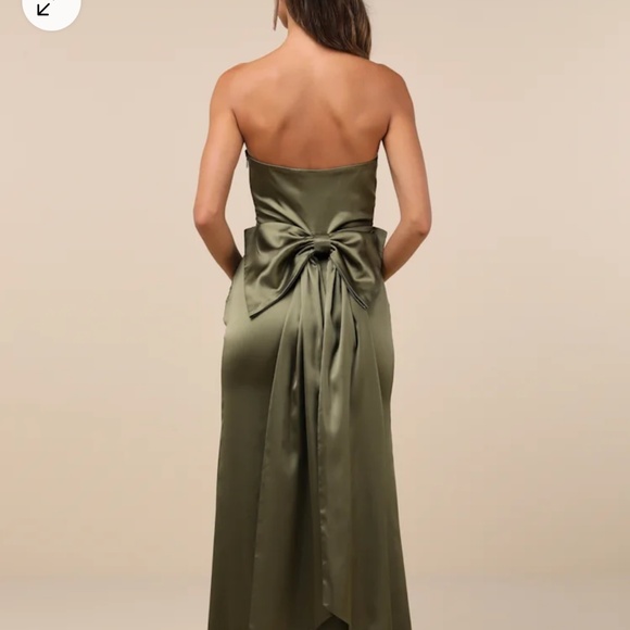 Lulus Absolutely Poised Olive Green Satin Strapless Bow Maxi Dress - Size L - Picture 3 of 5